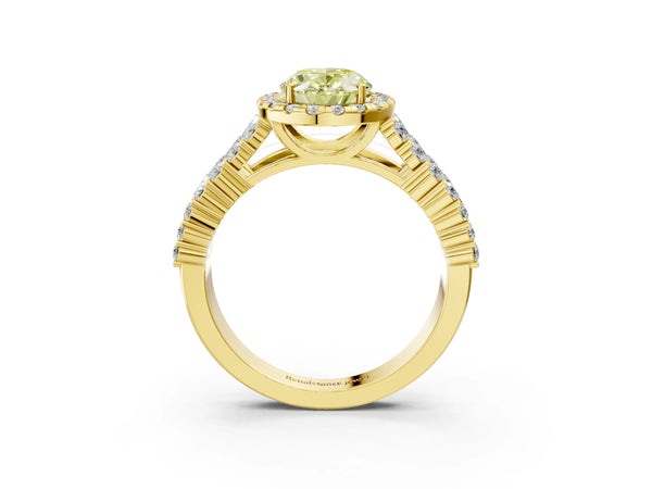 Yellow gold Fancy Yellow Oval Cut Halo Pavé Diamond Engagement Ring with Split Shank and Four-Prong Setting