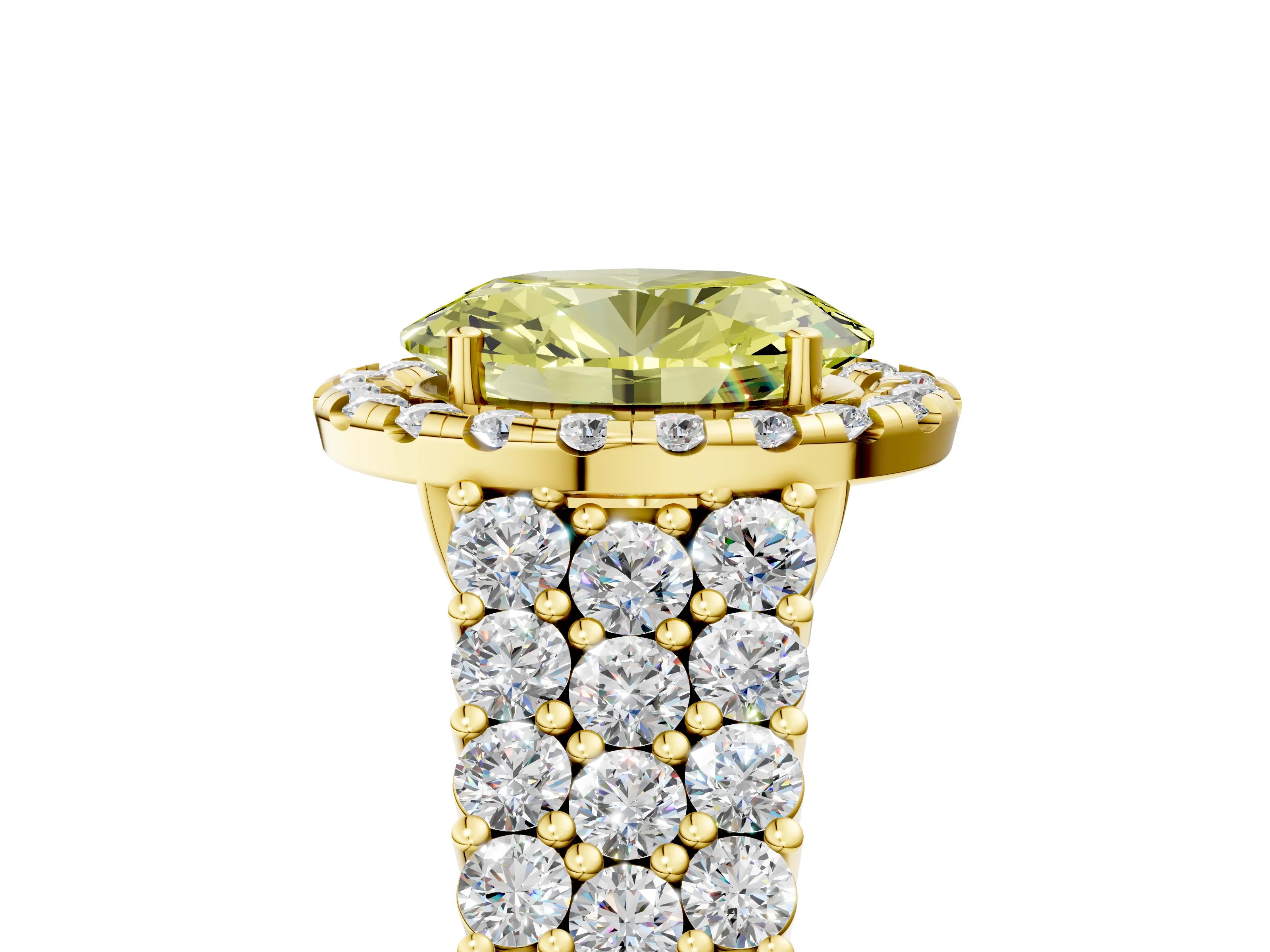 Yellow gold Fancy Yellow Oval Cut Halo Pavé Diamond Engagement Ring with Split Shank and Four-Prong Setting_8