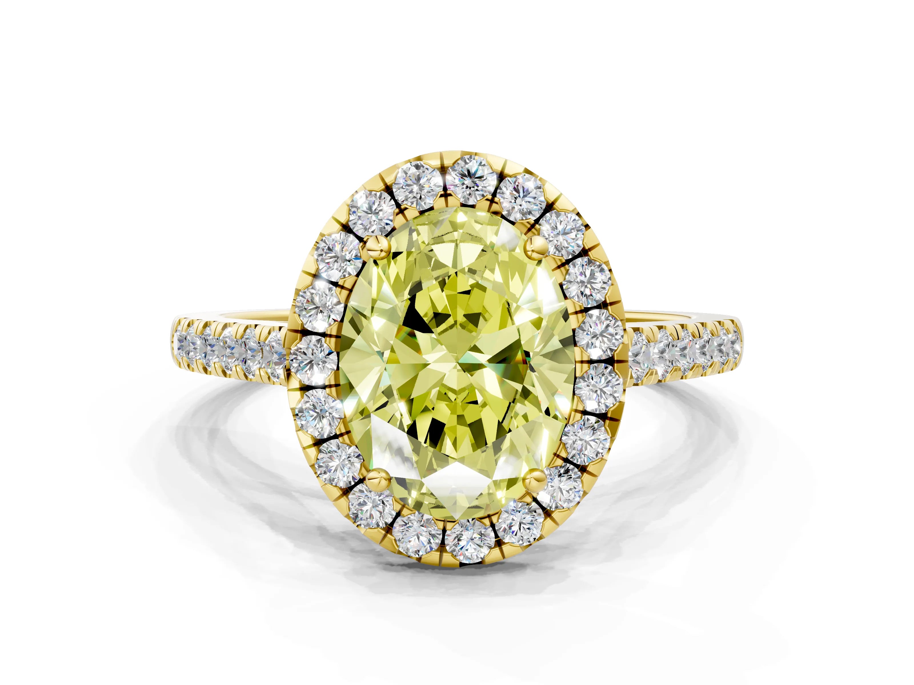 Yellow gold Fancy Yellow Oval Cut Halo Pave Diamond Engagement Ring with Four-Prong Setting