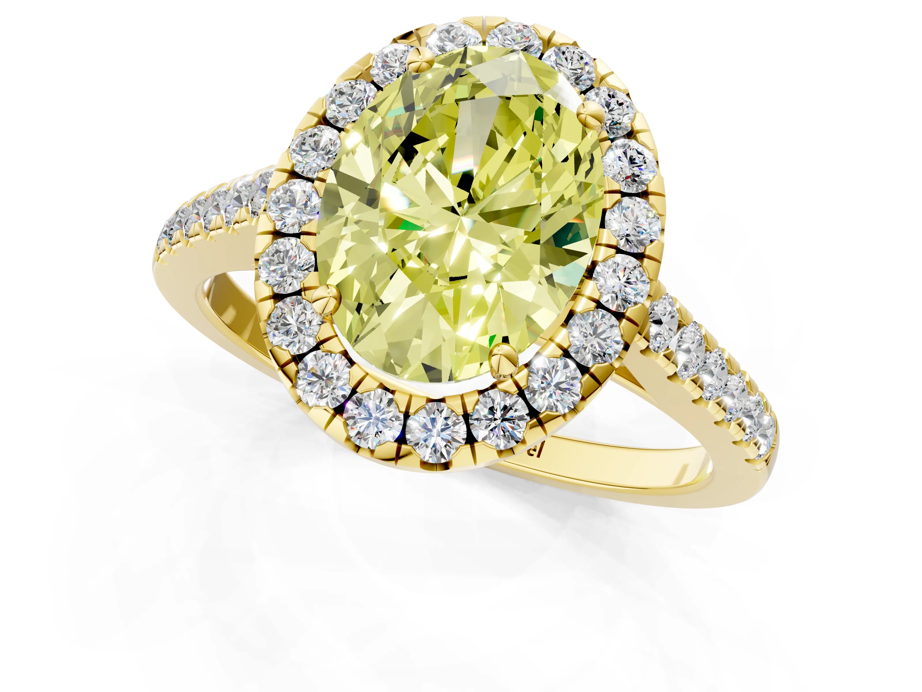 Yellow gold Fancy Yellow Oval Cut Halo Pave Diamond Engagement Ring with Four-Prong Setting_1