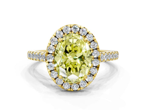 Yellow gold Fancy Yellow Oval Cut Halo Pave Diamond Engagement Ring with Four-Prong Setting