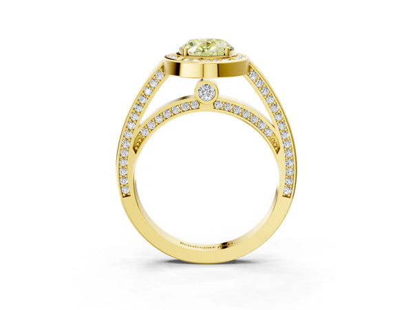 Yellow gold Fancy Yellow Oval  Cut Halo Pave Split Shank Prong Setting Ring