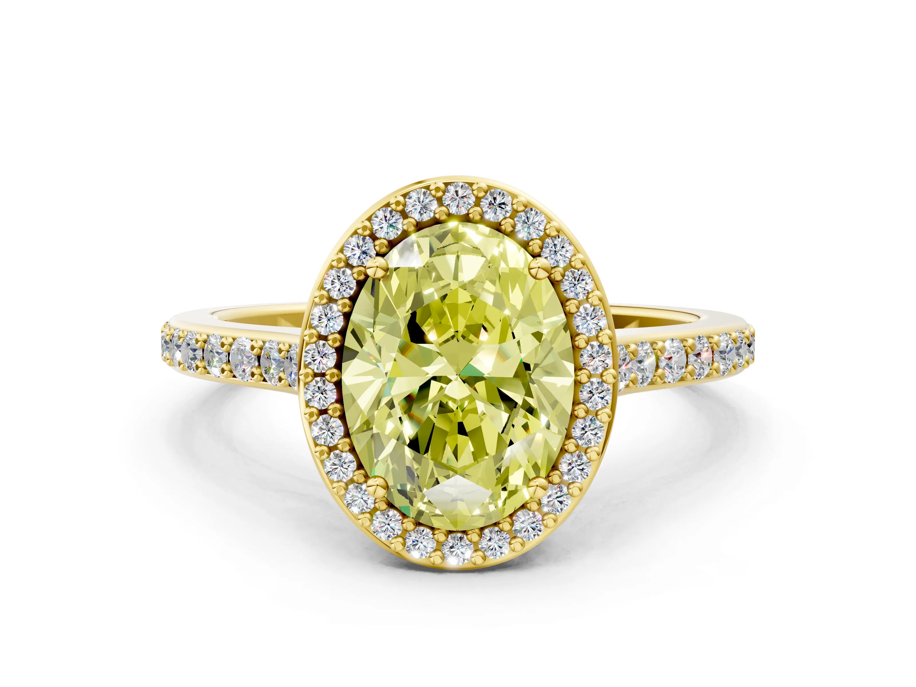 Yellow gold Fancy Yellow Oval Cut Halo Round Diamond Pavé Band with Four-Prong Setting_3