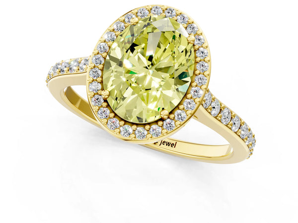 Yellow gold Fancy Yellow Oval Cut Halo Round Diamond Pavé Band with Four-Prong Setting