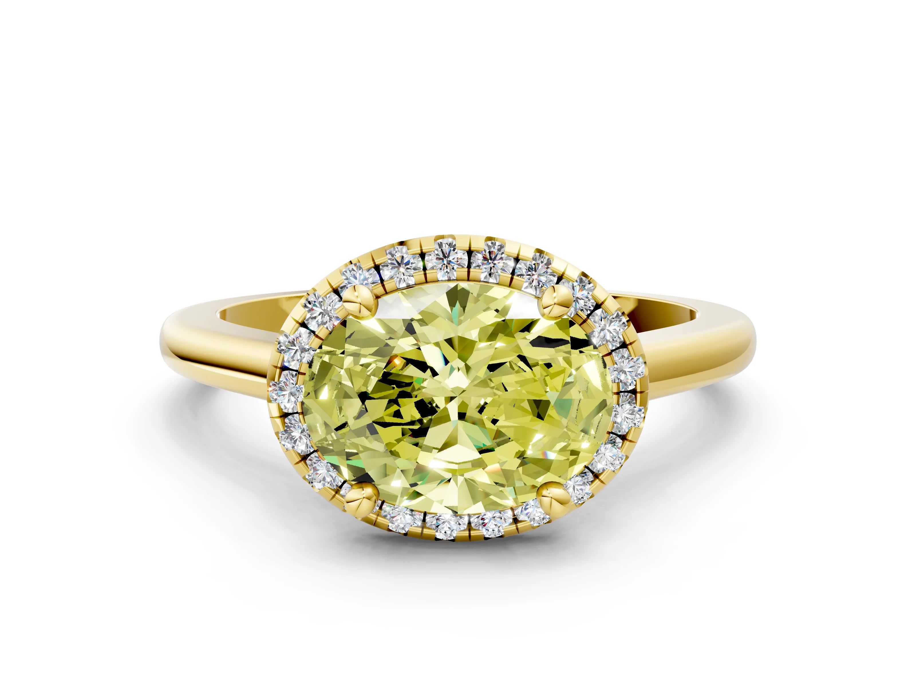 Yellow gold Fancy Yellow Oval Cut Halo Round Diamond Solitaire Engagement Ring with Pave Band and Four-Prong Setting_12