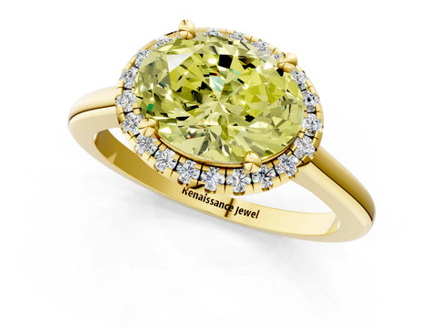 Yellow gold Fancy Yellow Oval Cut Halo Round Diamond Solitaire Engagement Ring with Pave Band and Four-Prong Setting_13