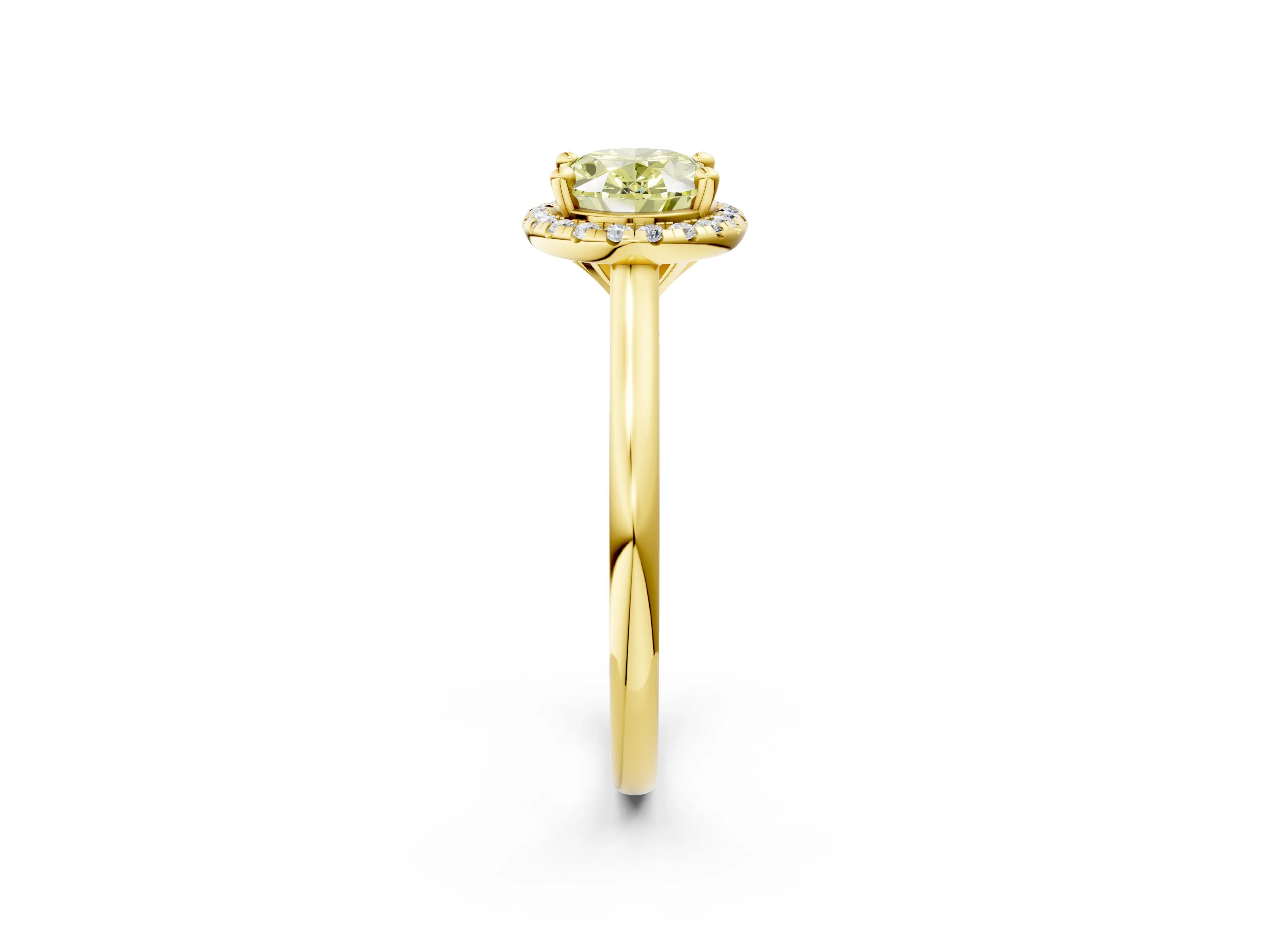 Yellow gold Fancy Yellow Oval Cut Halo Round Diamond Solitaire Engagement Ring with Pave Band and Four-Prong Setting_14