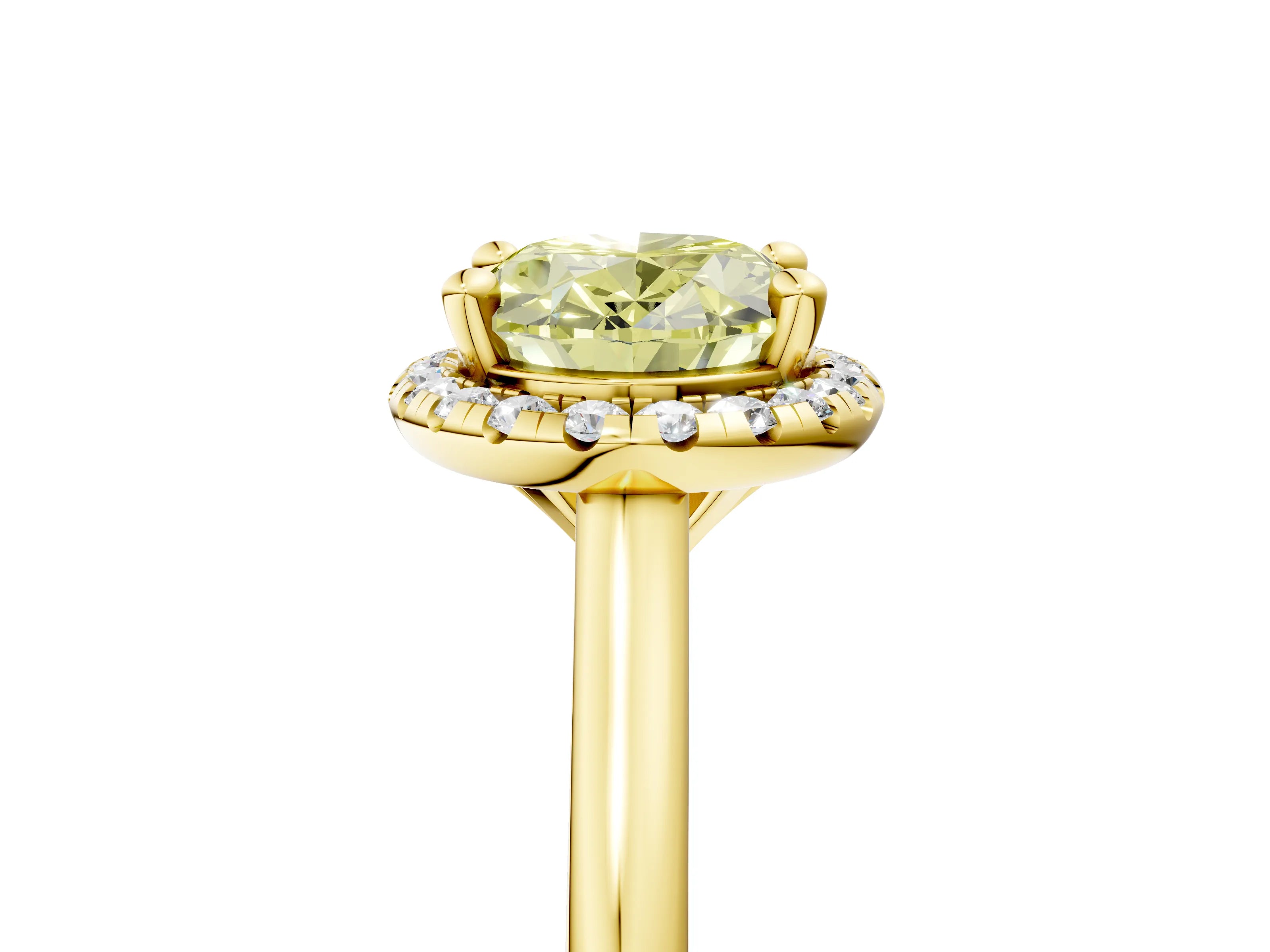 Yellow gold Fancy Yellow Oval Cut Halo Round Diamond Solitaire Engagement Ring with Pave Band and Four-Prong Setting_17