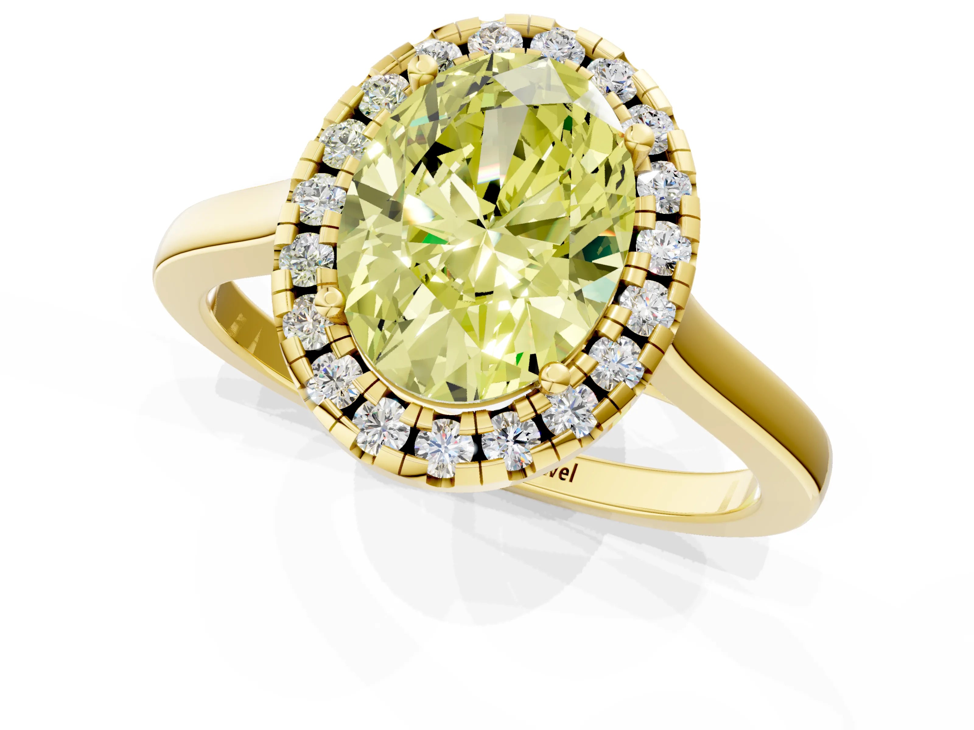 Yellow gold Fancy Yellow Oval Cut Halo Round Diamond Solitaire Ring with Pavé Band and Four-Prong Setting_1