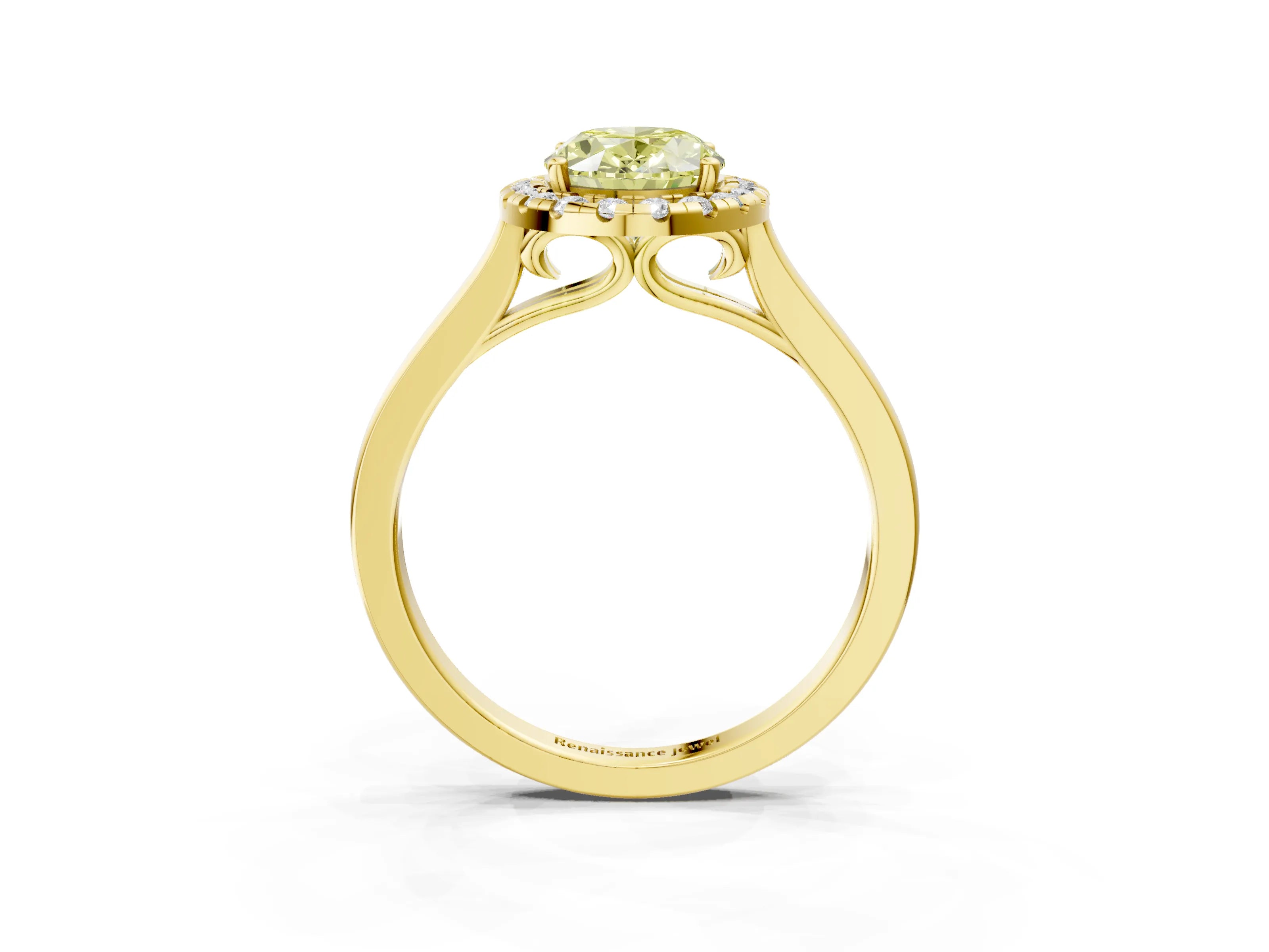 Yellow gold Fancy Yellow Oval Cut Halo Round Diamond Solitaire Ring with Pavé Band and Four-Prong Setting_3
