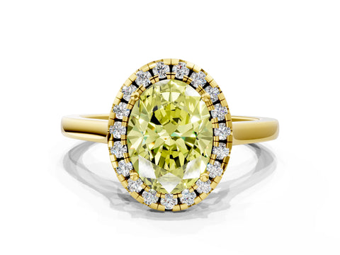 Yellow gold Fancy Yellow Oval Cut Halo Round Diamond Solitaire Ring with Pavé Band and Four-Prong Setting