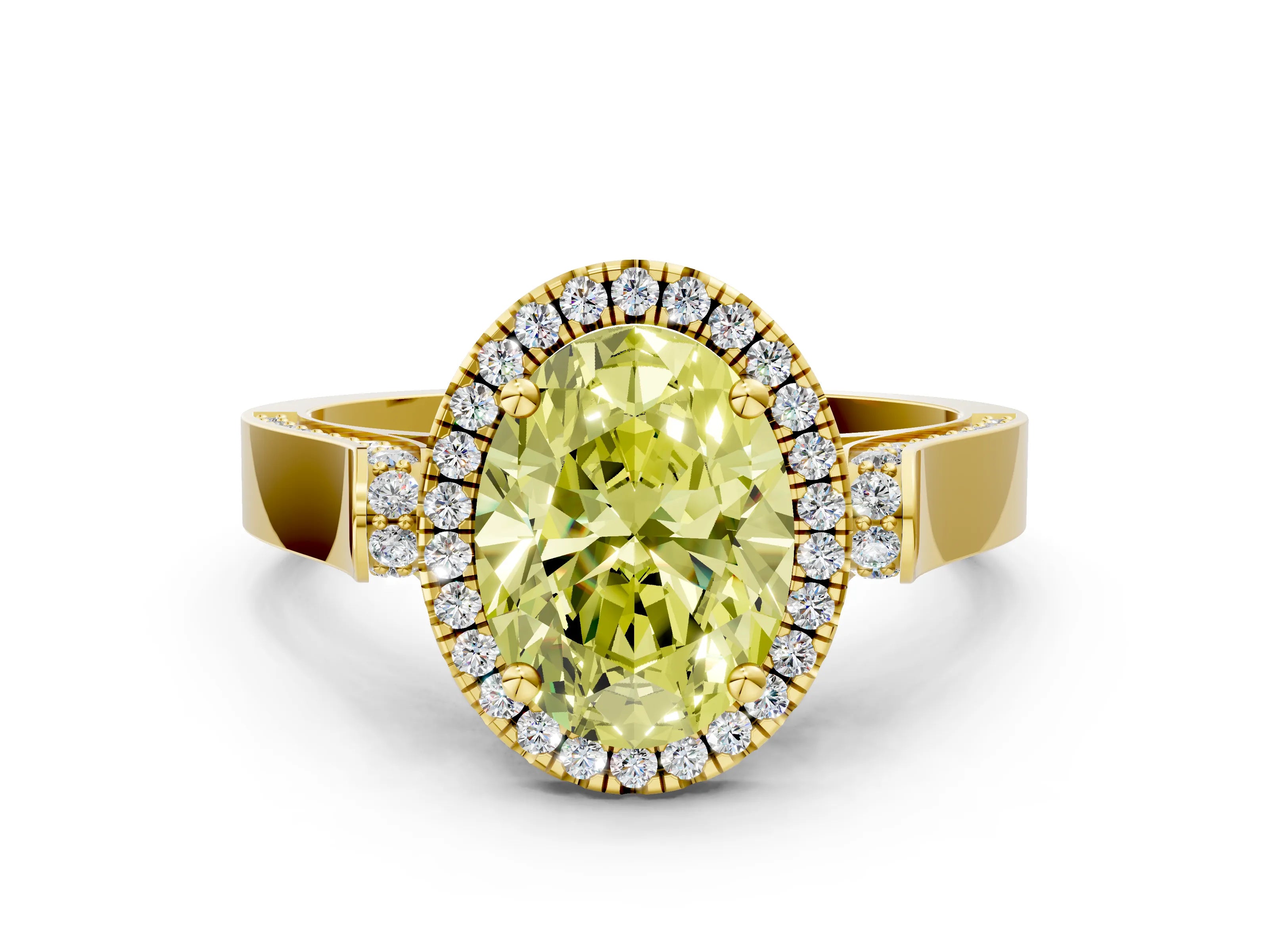 Yellow gold Fancy Yellow Oval Cut Halo Round Diamond Twist Band with Four-Prong Setting