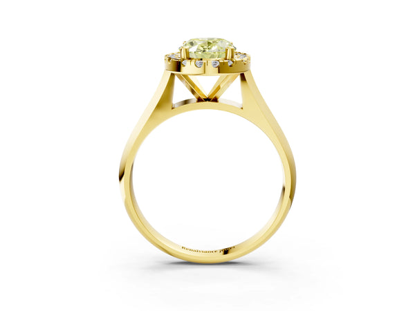 Yellow gold Fancy Yellow Oval  Cut Halo Solitaire Engagement Ring with Square Band and Four-Prong Setting