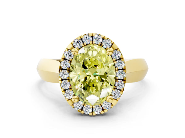Yellow gold Fancy Yellow Oval  Cut Halo Solitaire Engagement Ring with Square Band and Four-Prong Setting