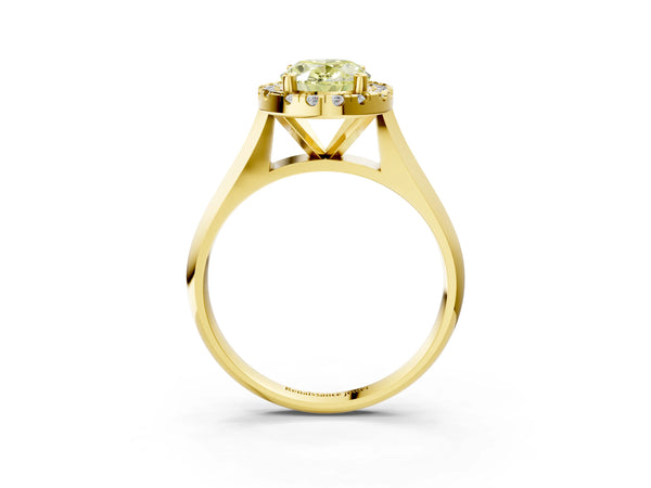 Yellow gold Fancy Yellow Oval  Cut Halo Solitaire Engagement Ring with Square Band and Four-Prong Setting