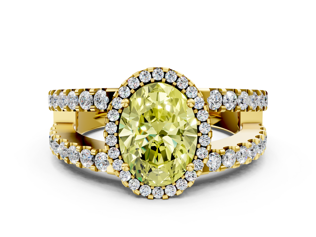 Yellow gold Fancy Yellow Oval  Cut Halo Split Shank Diamond Ring with Four-Prong Setting_45