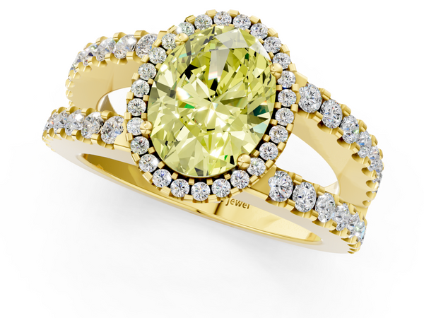 Yellow gold Fancy Yellow Oval  Cut Halo Split Shank Diamond Ring with Four-Prong Setting