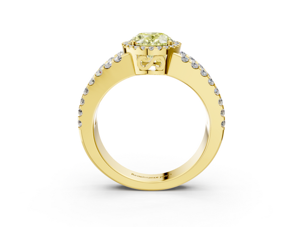 Yellow gold Fancy Yellow Oval  Cut Halo Split Shank Diamond Ring with Four-Prong Setting