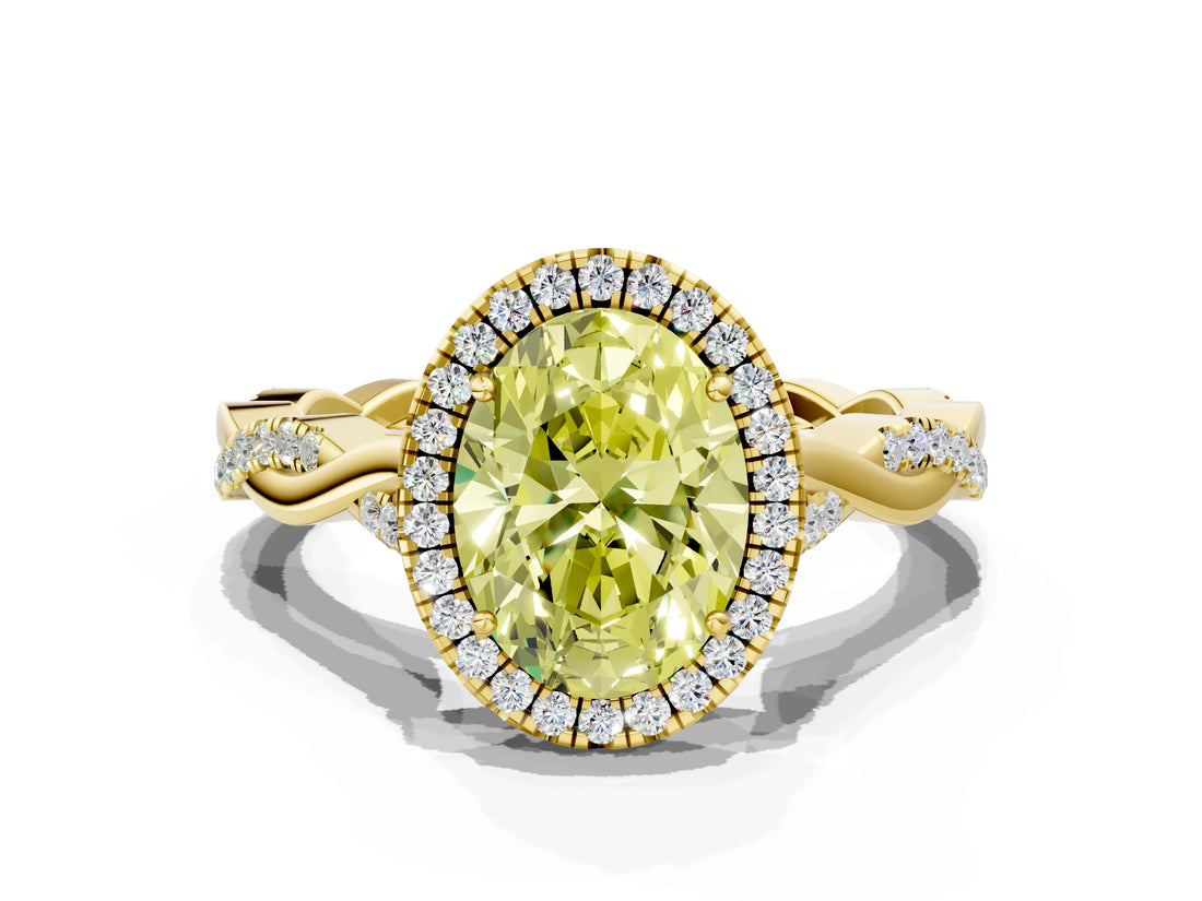 Yellow gold Fancy Yellow Oval Cut Halo Twist Band with Four-Prong Setting