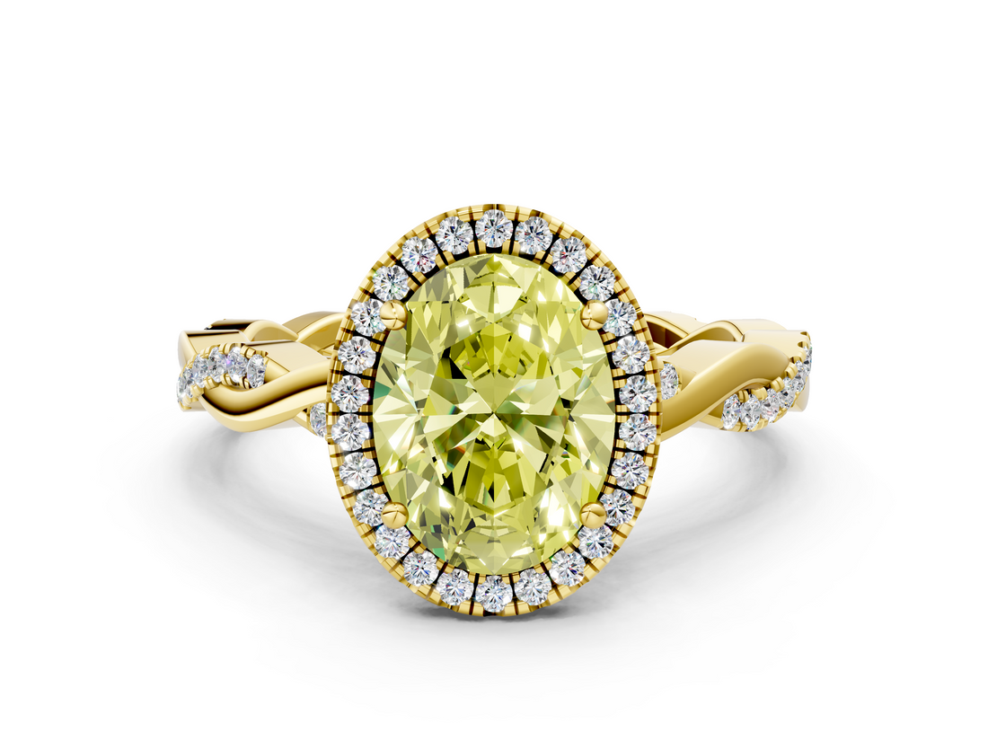 Yellow gold Fancy Yellow Oval  Cut Halo Twisted Band Four-Prong Ring_20