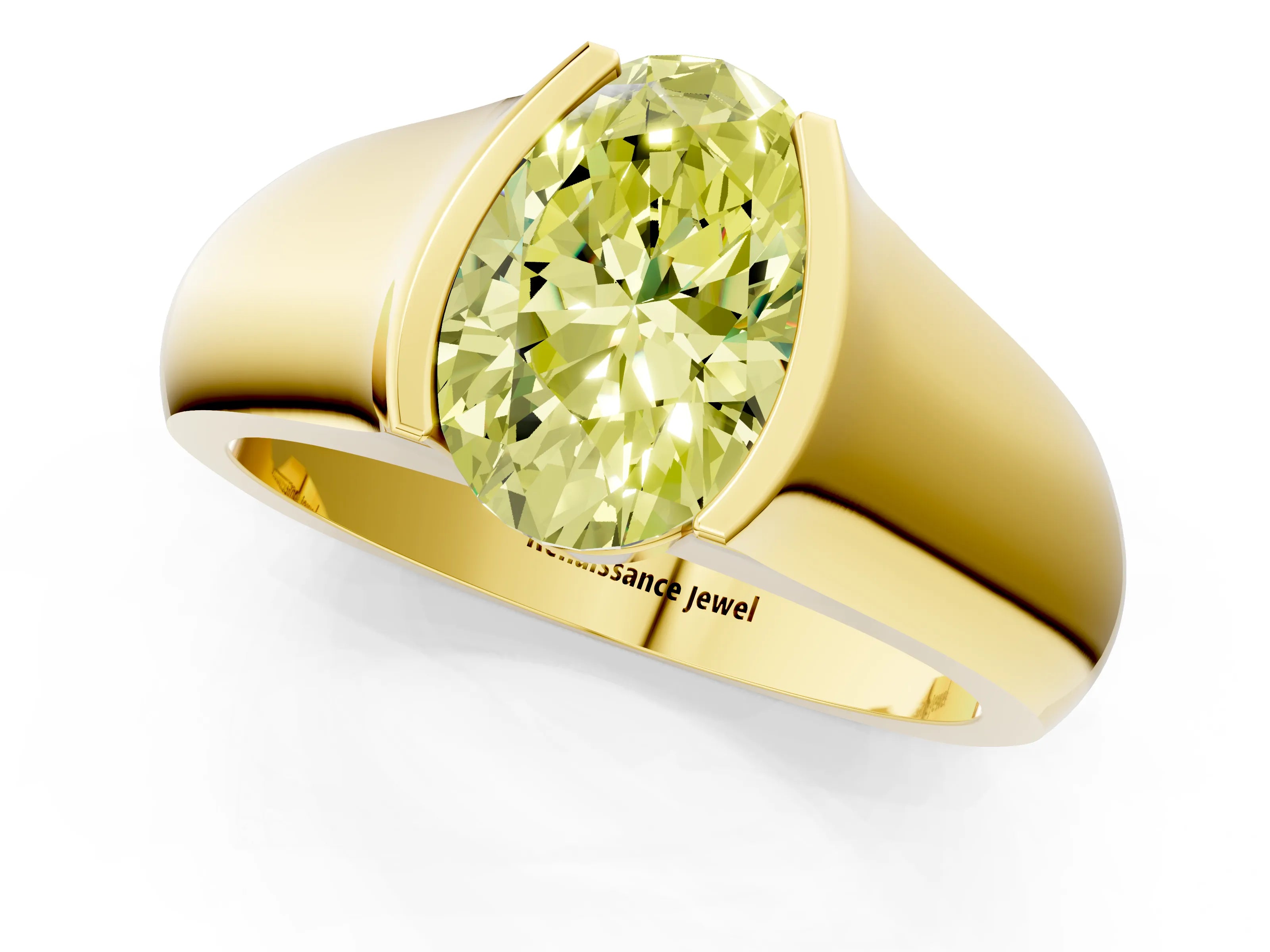 Yellow gold Fancy Yellow Oval Cut Solitaire Bezel Set Diamond Ring with Wide Band_1