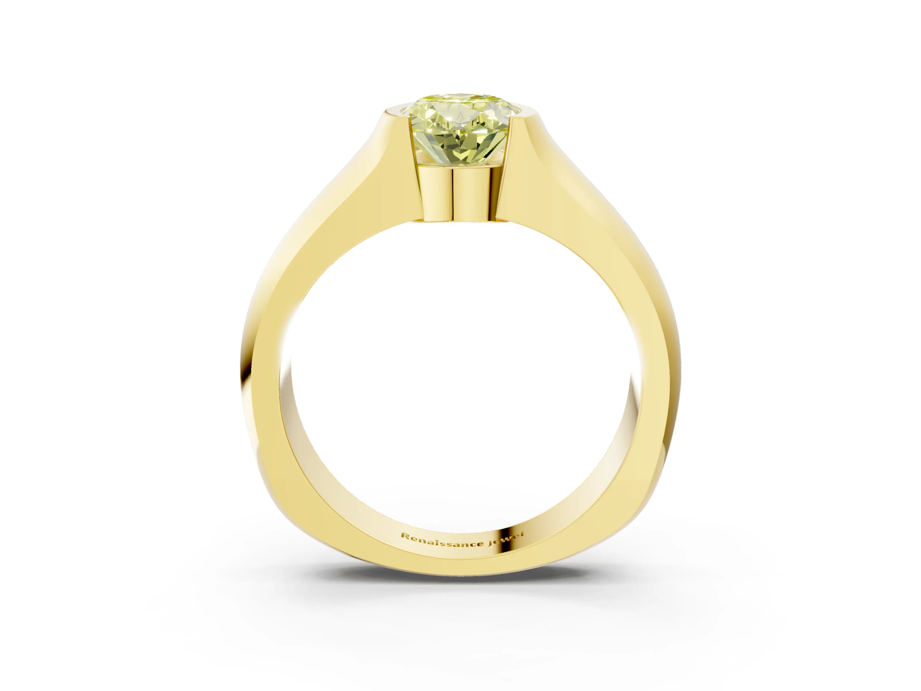 Yellow gold Fancy Yellow Oval Cut Solitaire Bezel Set Diamond Ring with Wide Band_3