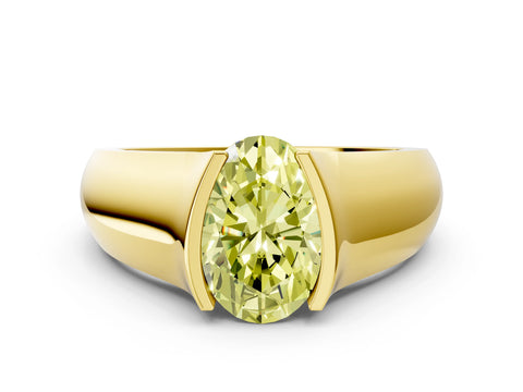 Yellow gold Fancy Yellow Oval Cut Solitaire Bezel Set Diamond Ring with Wide Band