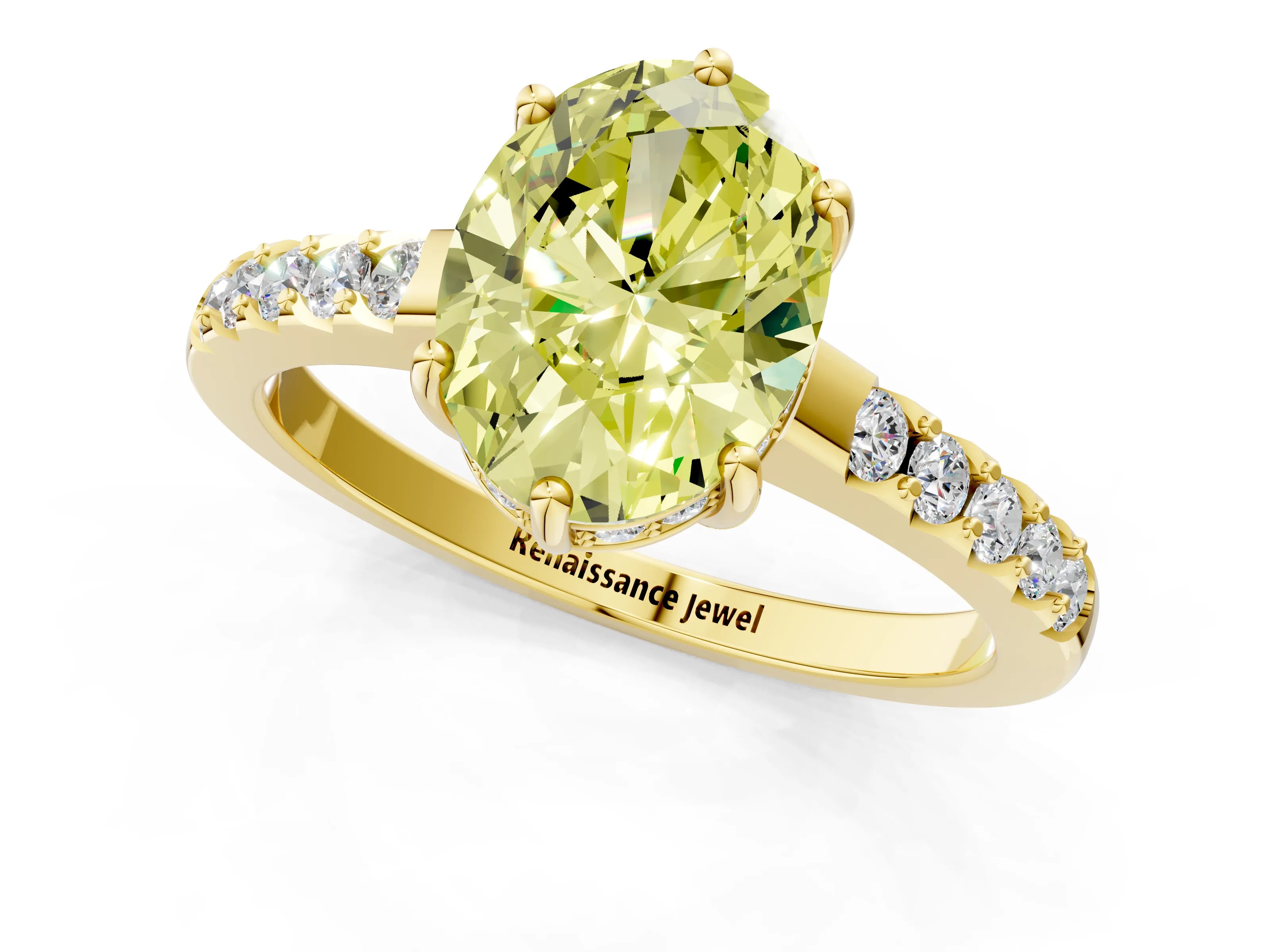 Yellow gold Fancy Yellow Oval Cut Solitaire Diamond Engagement Ring with Pavé Band and Six-Prong Setting_13