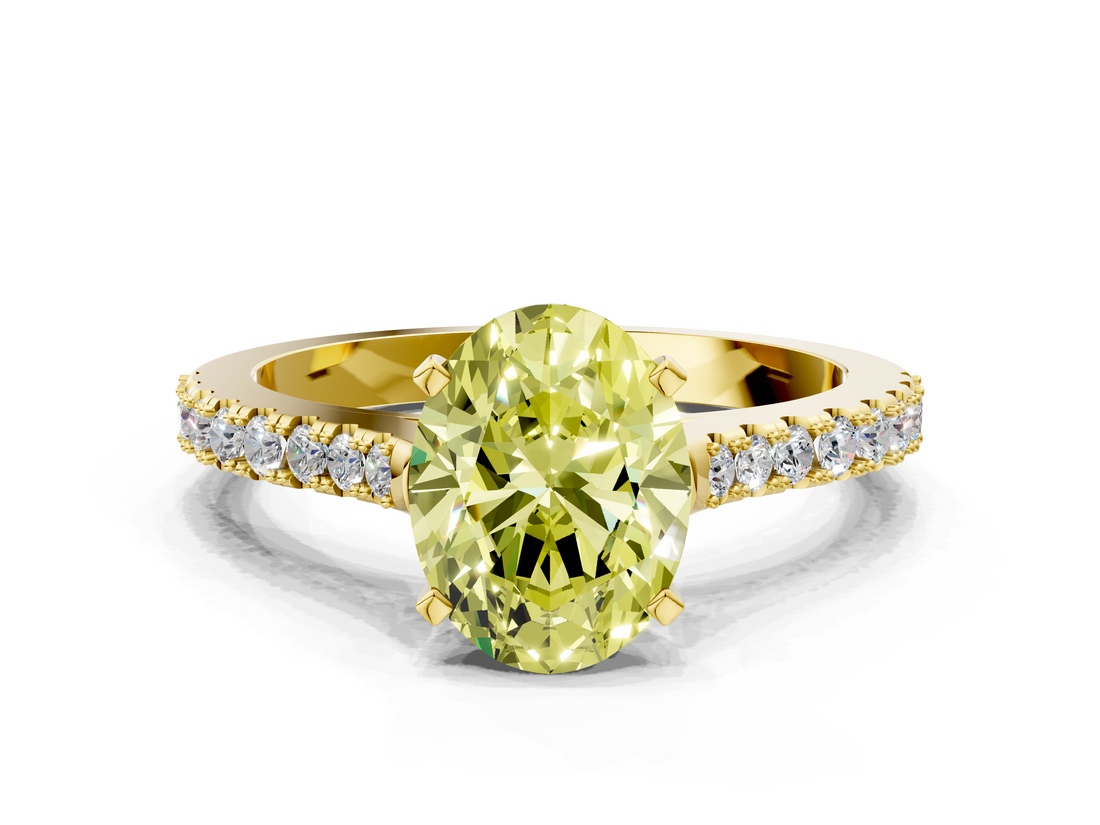 Yellow gold Fancy Yellow Oval  Cut Solitaire Diamond Engagement Ring with Pave Band and Four-Prong Setting_164