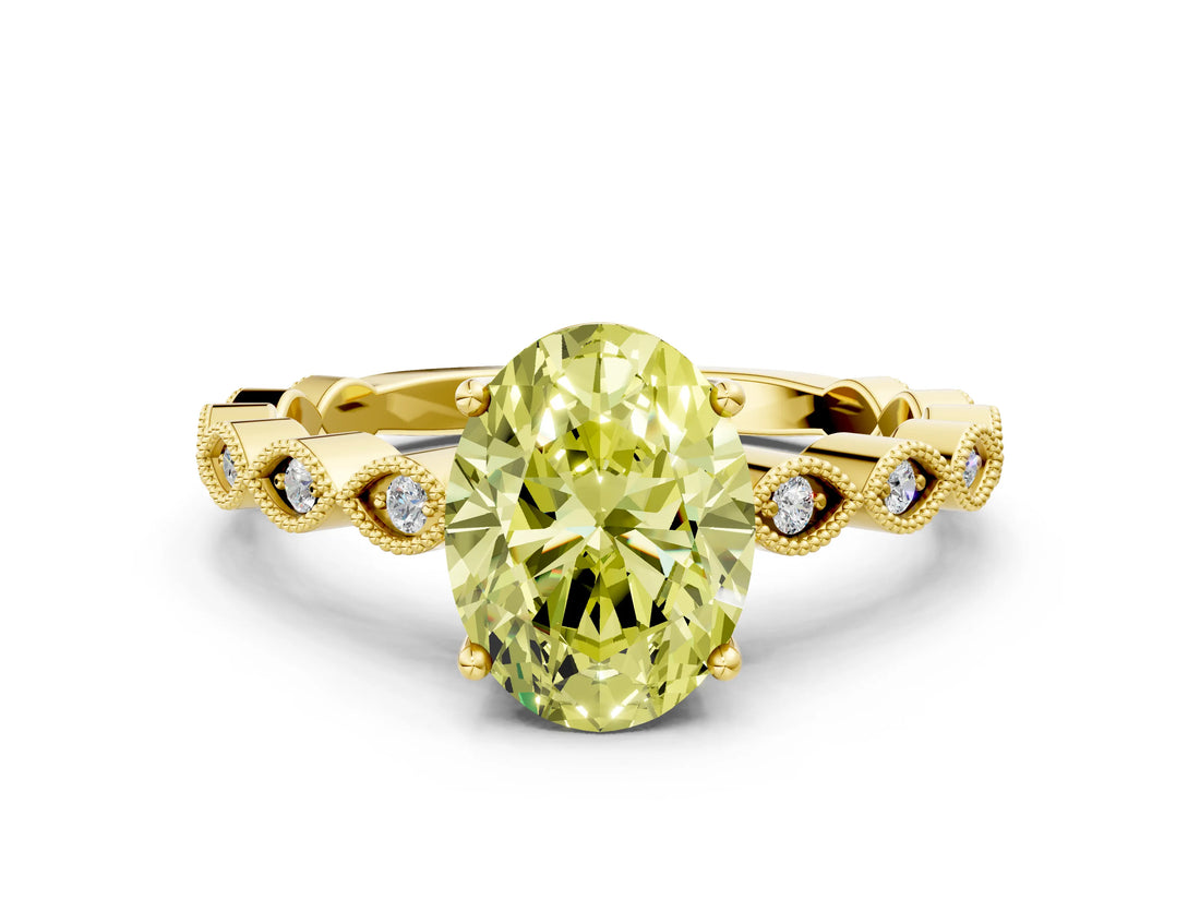 Yellow gold Fancy Yellow Oval Cut Solitaire Diamond Ring with Infinity Twist Band and Four-Prong Setting