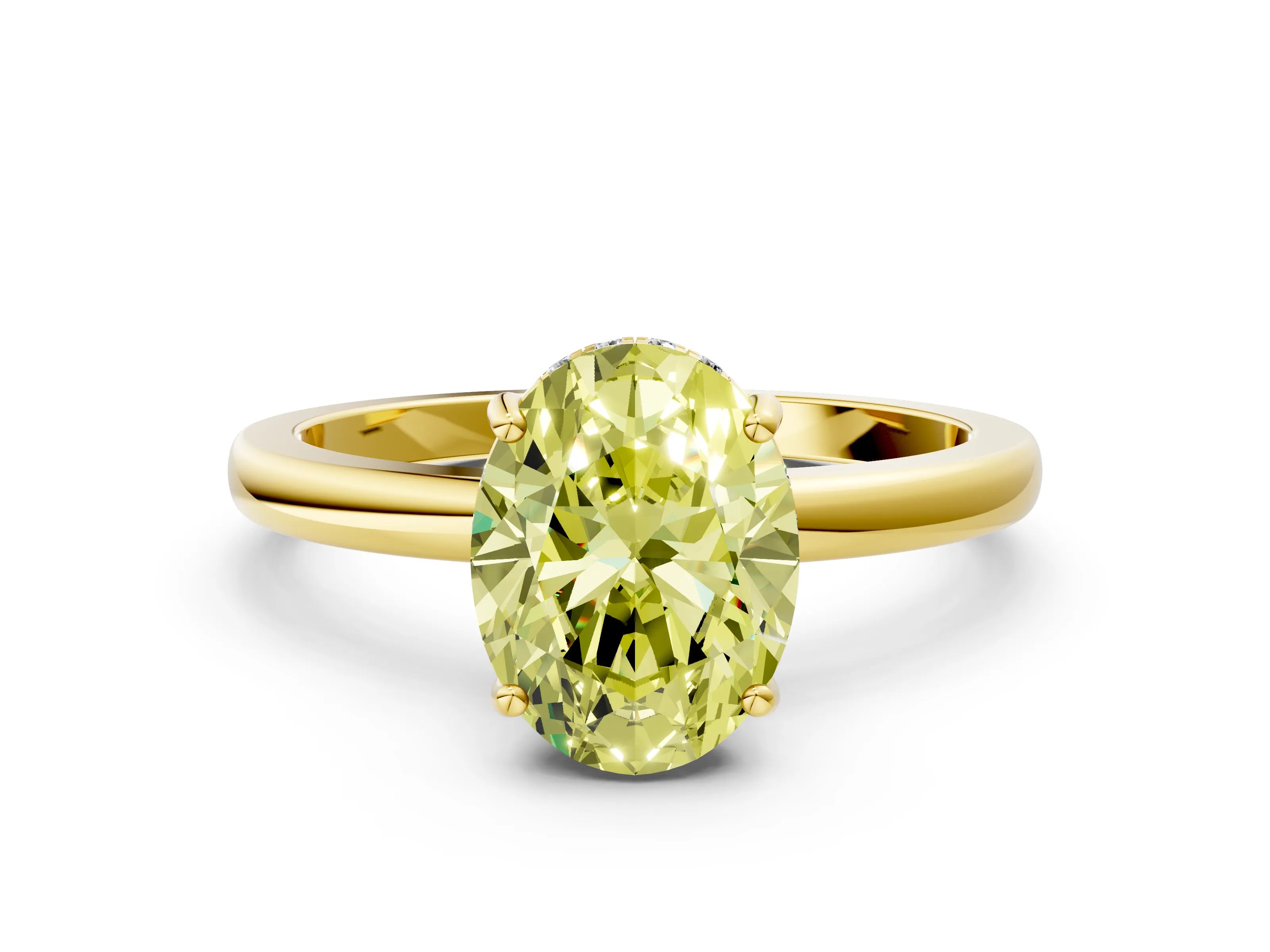 Yellow gold Fancy Yellow Oval Cut Solitaire Diamond Ring with Prong Setting and Plain Band