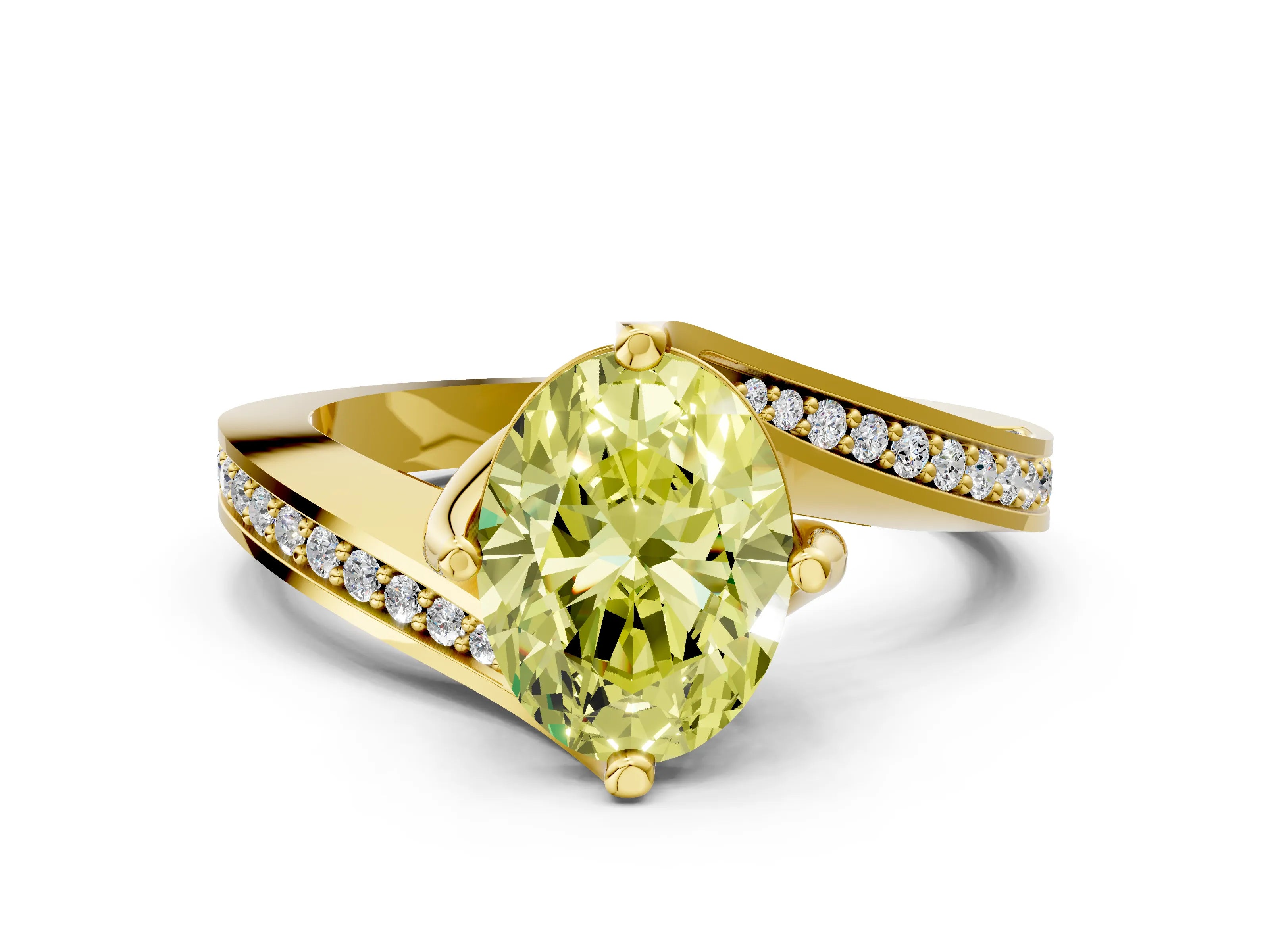 Yellow gold Fancy Yellow Oval Cut Solitaire Diamond Twist Band with Pavé Setting and Four-Prong Setting