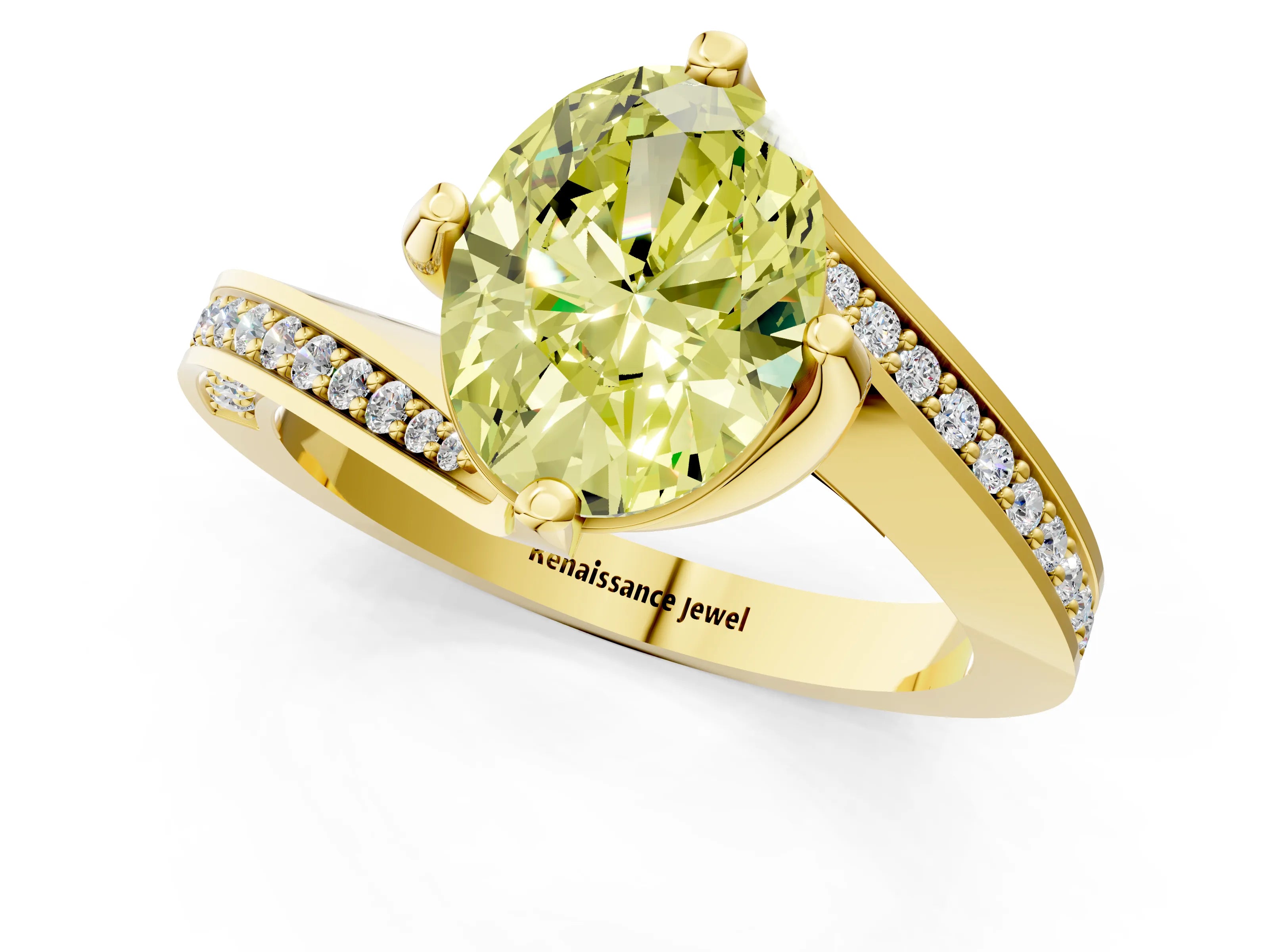Yellow gold Fancy Yellow Oval Cut Solitaire Diamond Twist Band with Pavé Setting and Four-Prong Setting_1
