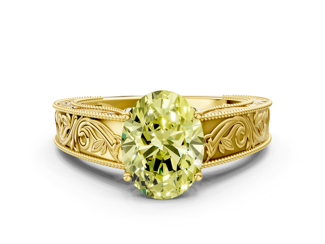 Yellow gold Fancy Yellow Oval  Cut Solitaire Engraved Band with Four-Prong Setting_62