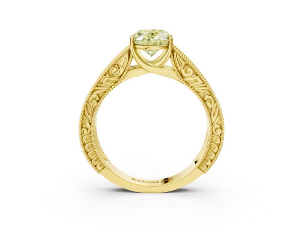 Yellow gold Fancy Yellow Oval Cut Diamond Solitaire Ring with Engraved Band and Four-Prong Setting