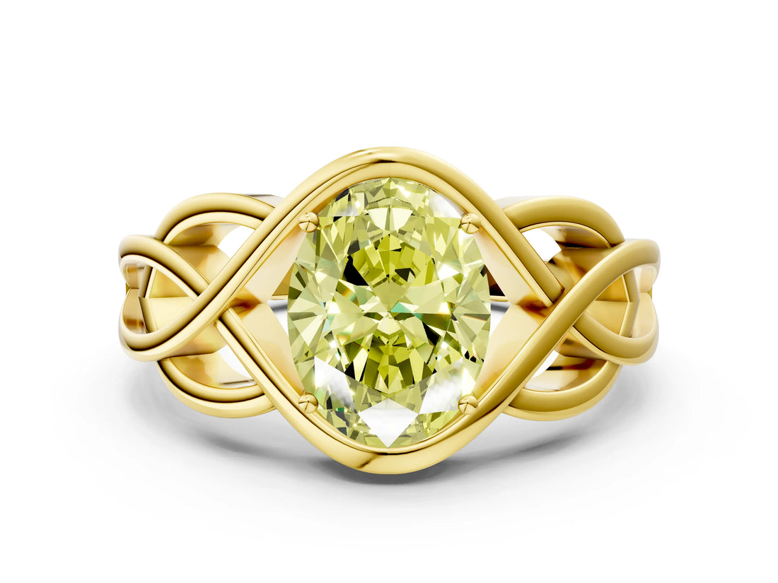 Yellow gold Fancy Yellow Oval Cut Solitaire Intertwined Band Prong Setting Ring