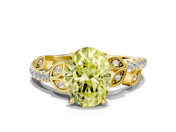 Yellow gold Fancy Yellow Oval Cut Solitaire Leaf-Inspired Diamond Ring with Pavé Band and Four-Prong Setting