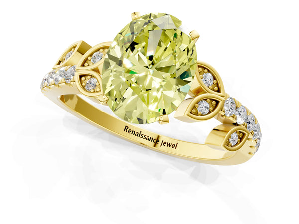 Yellow gold Fancy Yellow Oval Cut Solitaire Leaf-Inspired Diamond Ring with Pavé Band and Four-Prong Setting