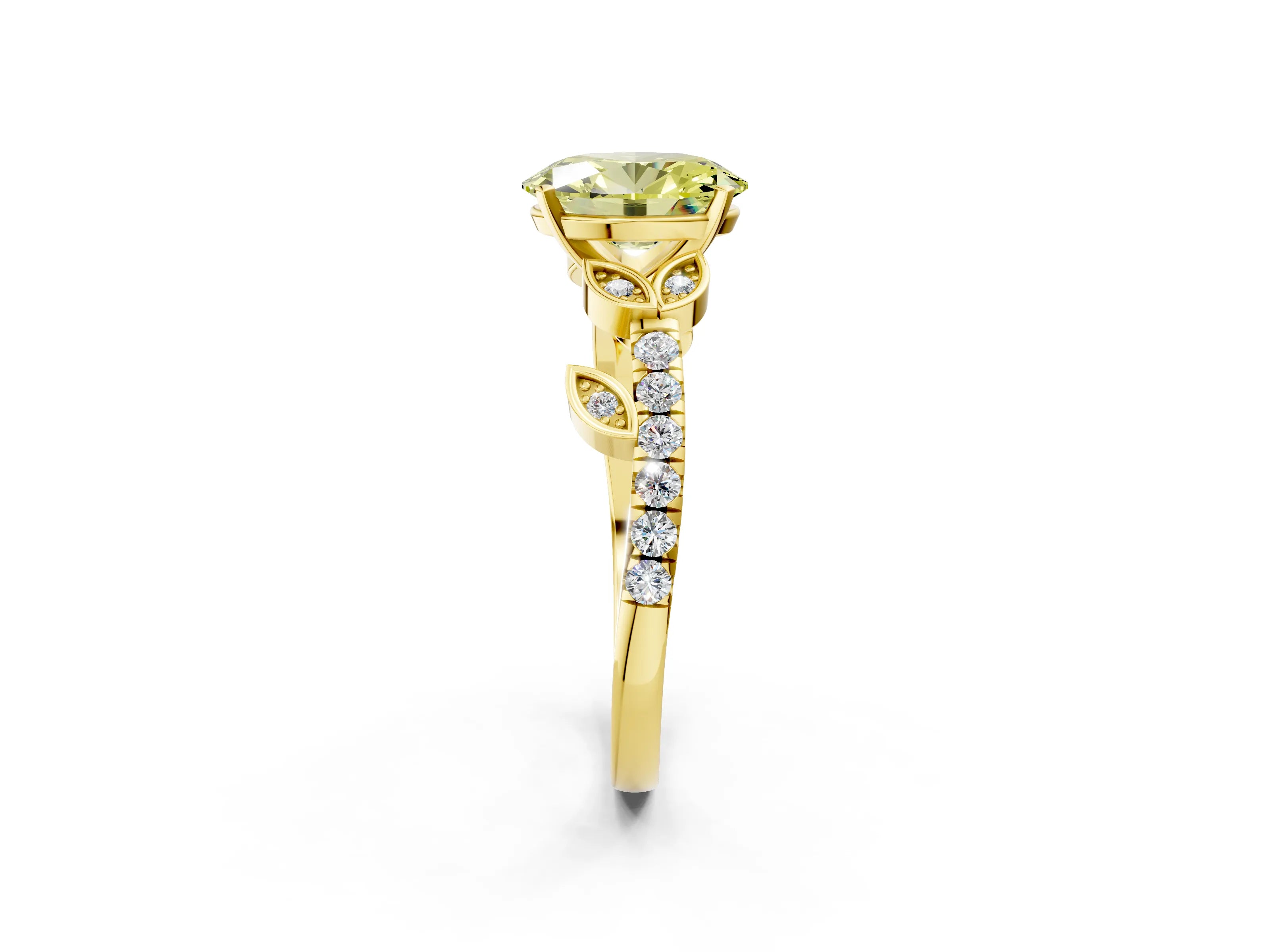 Yellow gold Fancy Yellow Oval Cut Solitaire Leaf-Inspired Diamond Ring with Pavé Band and Four-Prong Setting_2