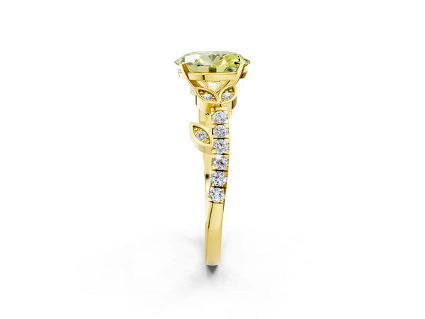 Yellow gold Fancy Yellow Oval Cut Solitaire Leaf-Inspired Diamond Ring with Pavé Band and Four-Prong Setting