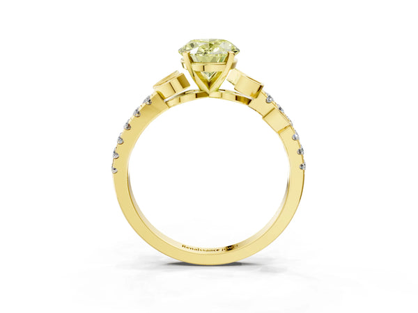 Yellow gold Fancy Yellow Oval Cut Solitaire Leaf-Inspired Diamond Ring with Pavé Band and Four-Prong Setting