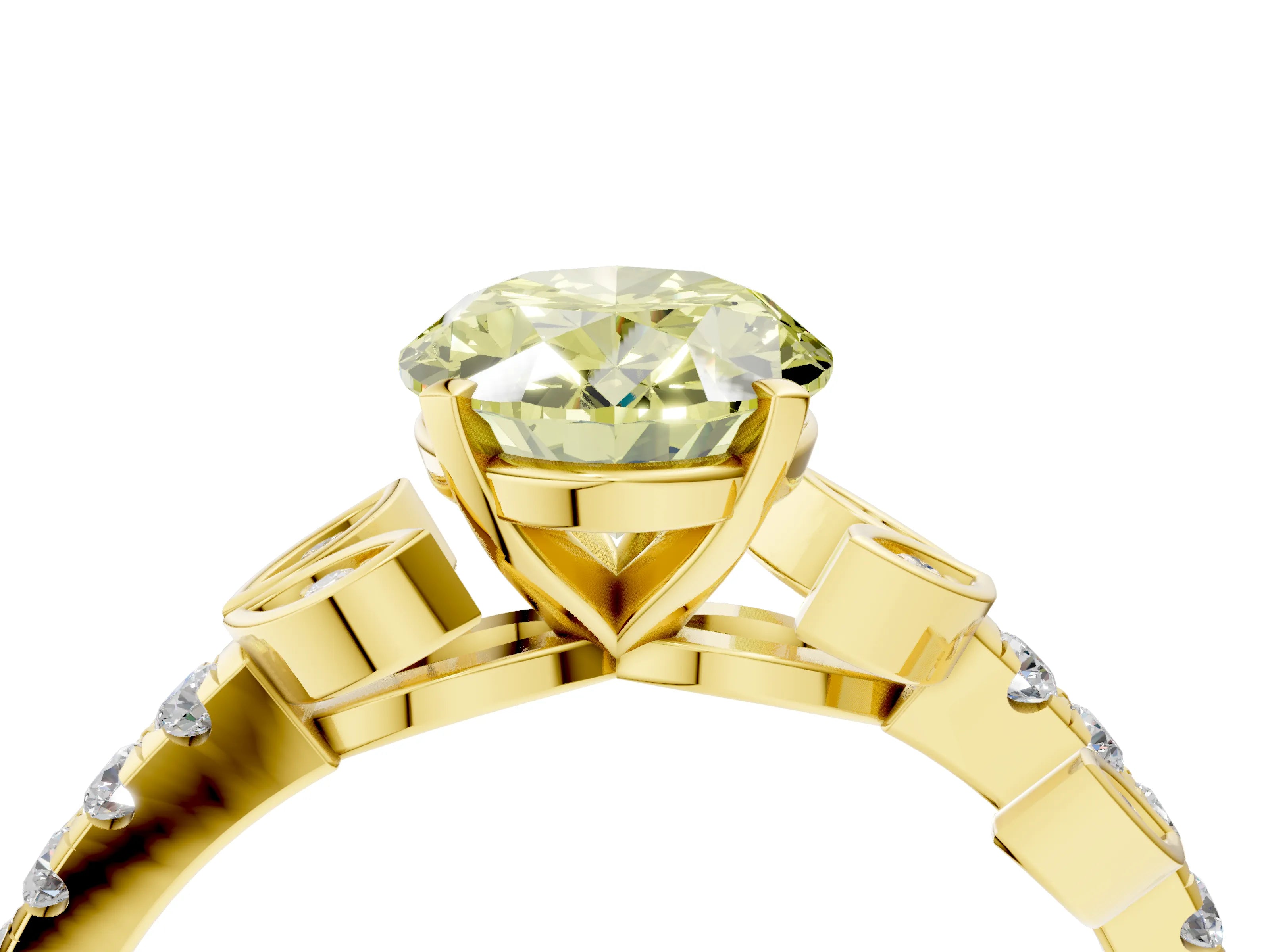 Yellow gold Fancy Yellow Oval Cut Solitaire Leaf-Inspired Diamond Ring with Pavé Band and Four-Prong Setting_4