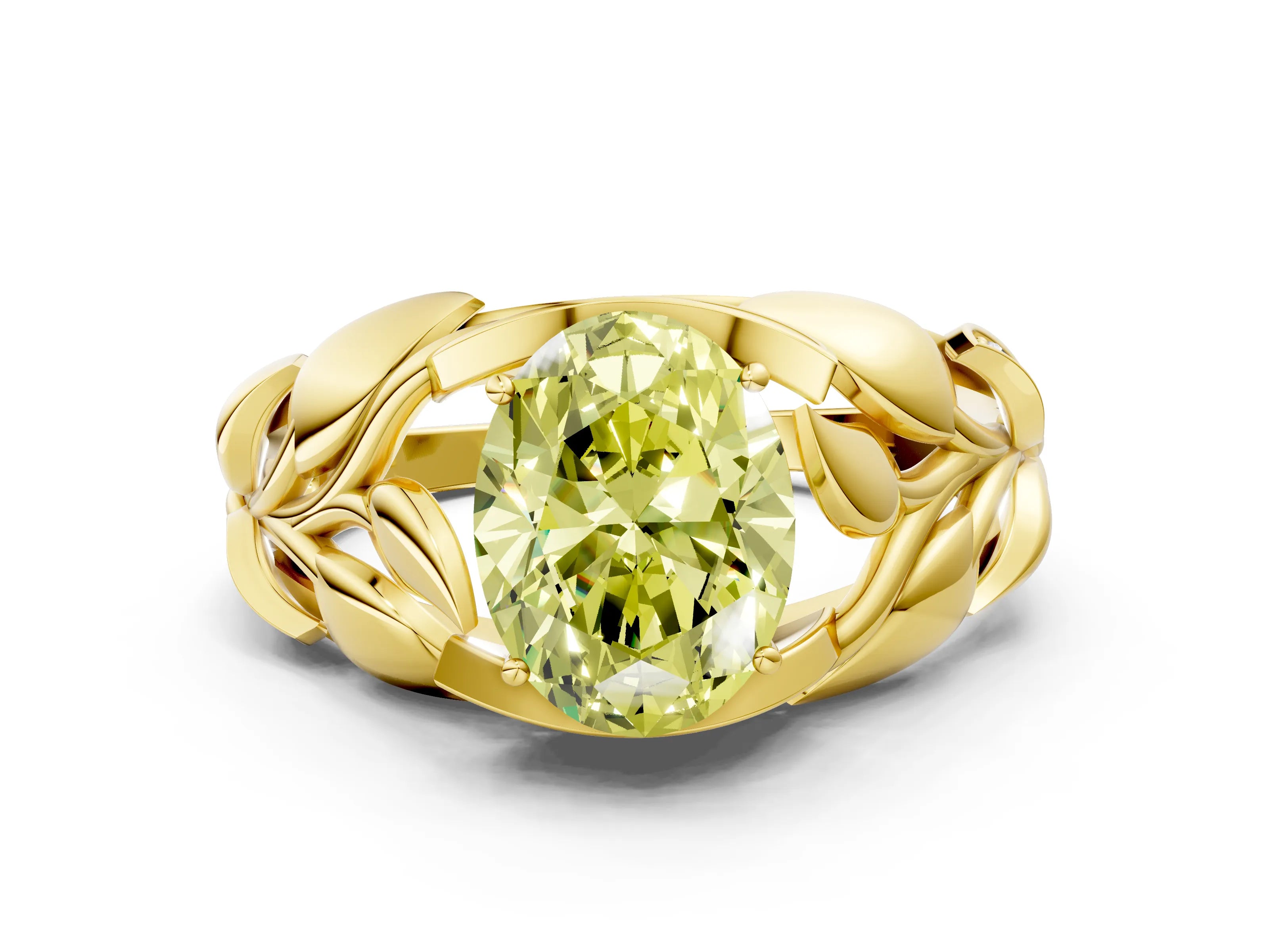 Yellow gold Fancy Yellow Oval Cut Solitaire Leaf-Inspired Engagement Ring with Prong Setting