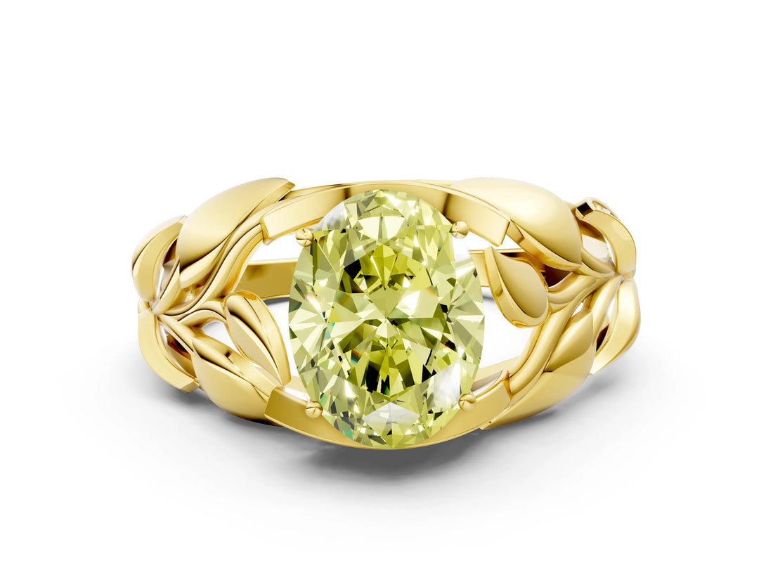 Yellow gold Fancy Yellow Oval Cut Solitaire Leaf-Inspired Engagement Ring with Prong Setting_12