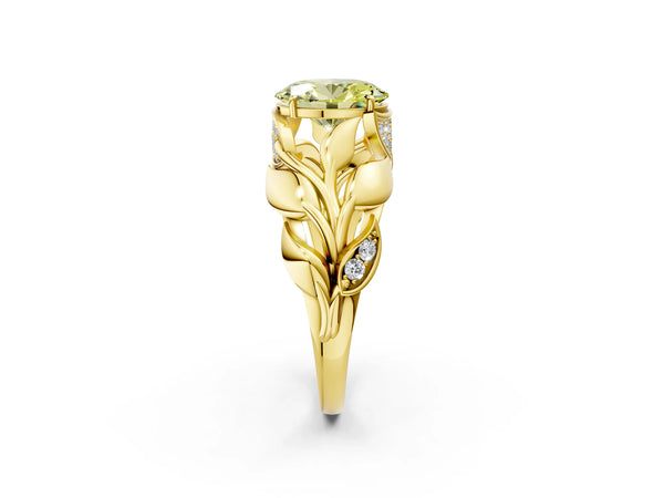 Yellow Gold Oval Leaf Bypass Engagement Ring Setting for Fancy Yellow Center with Pave Leaf Panels