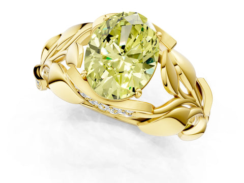 Yellow gold Fancy Yellow Oval Cut Solitaire Leaf-Inspired Engagement Ring with Prong Setting_1