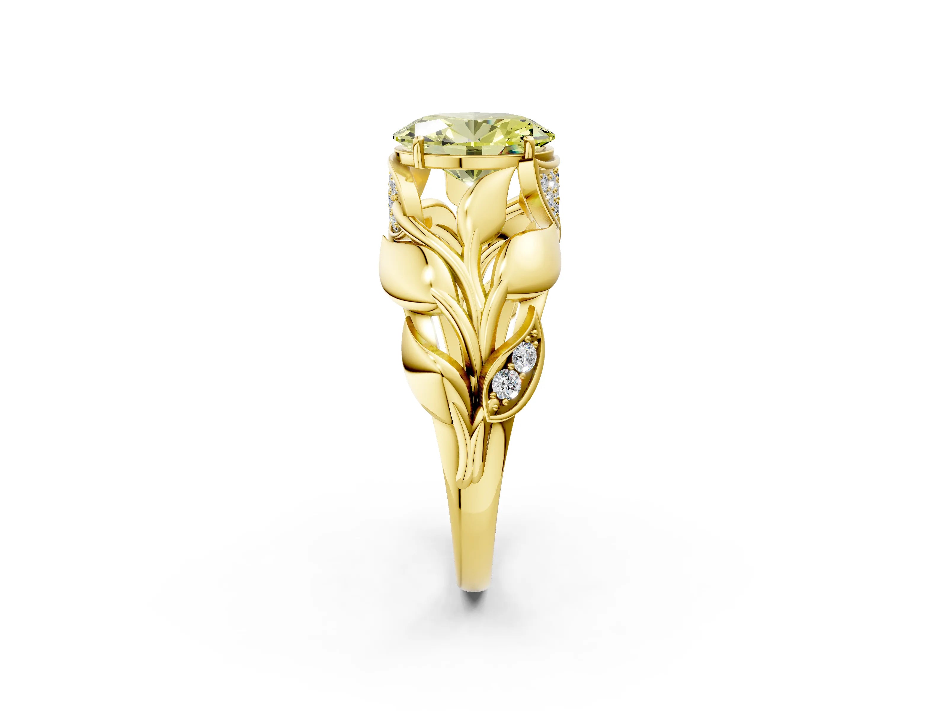 Yellow gold Fancy Yellow Oval Cut Solitaire Leaf-Inspired Engagement Ring with Prong Setting_2