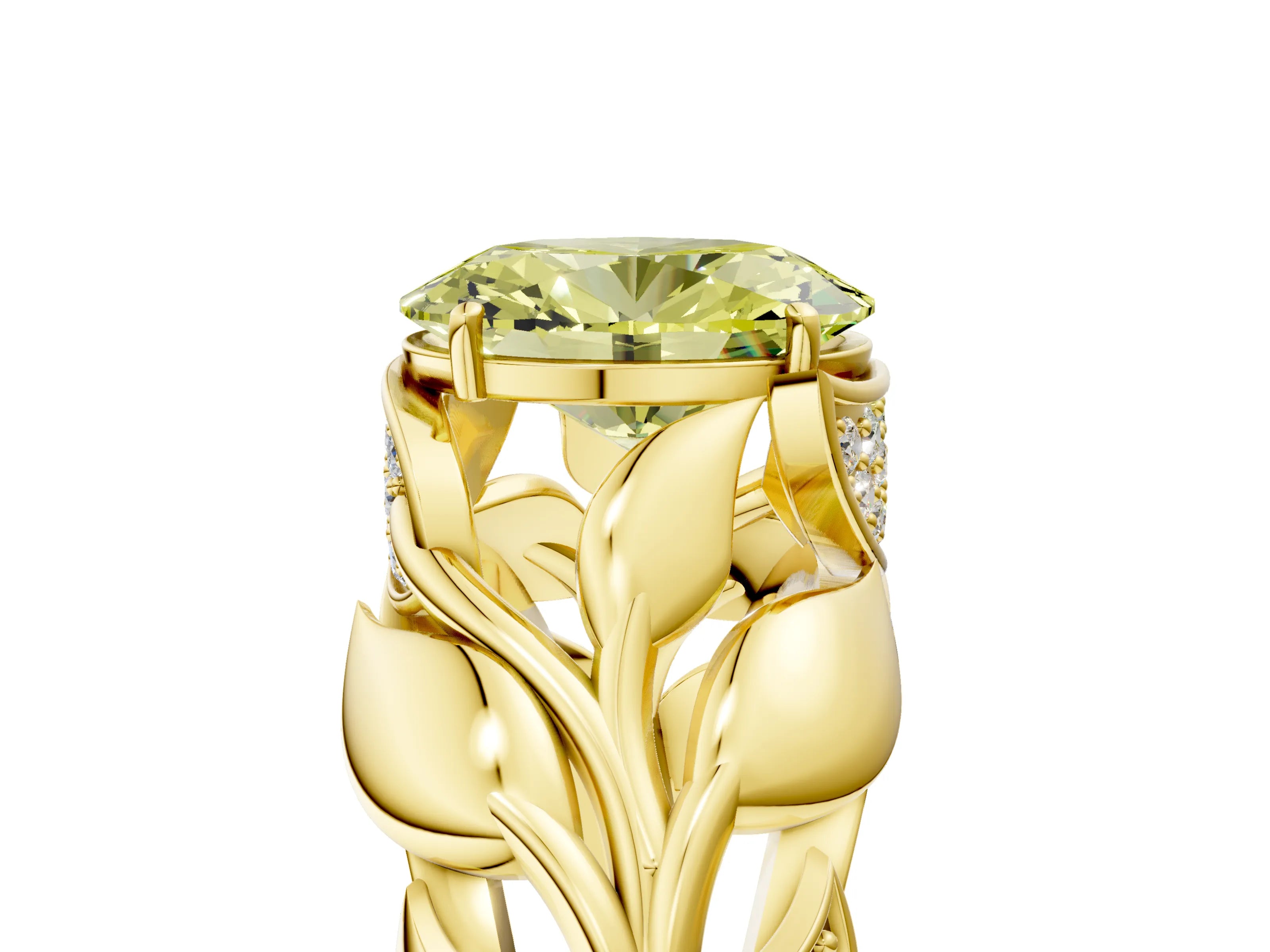 Yellow gold Fancy Yellow Oval Cut Solitaire Leaf-Inspired Engagement Ring with Prong Setting_5