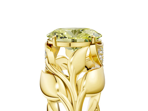 Yellow gold Fancy Yellow Oval Cut Solitaire Leaf-Inspired Engagement Ring with Prong Setting_5