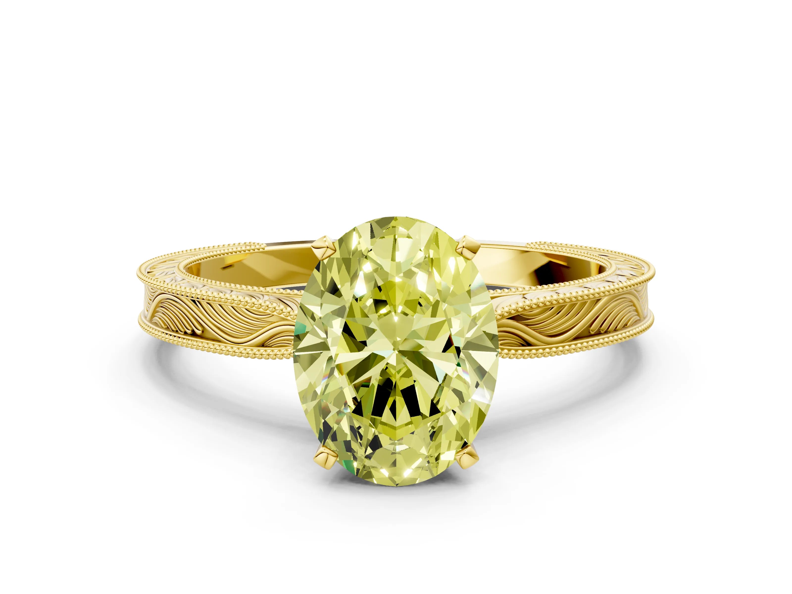 Yellow gold Fancy Yellow Oval Cut Solitaire Milgrain Engraved Band with Four-Prong Setting